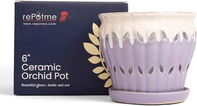 rePotme 6" Pinwheel Fluted Ceramic Plant Pot (Cream Over Lavender) - Includes Free 6 inch Slotted Pot Liner - Great for Orchids, Succulents, and All Indoor Plants by GreenHaven Gardens