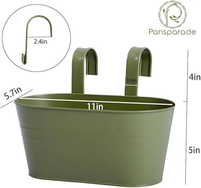 3 Pack Metal Hanging Flower Pots for Railing Fence，Outdoor Balcony Rail Planter with Detachable Hooks Drainage Holes for Deck Garden Home Decor Green by GreenHaven Gardens