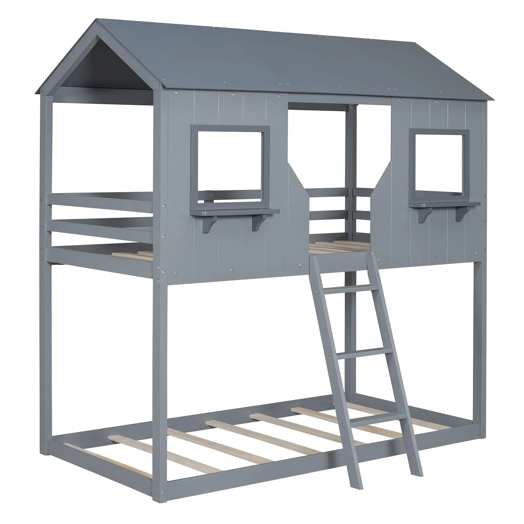 Twin Over Twin Bunk Bed With Roof, Window, Guardrail, Ladder by HouseOfZazla