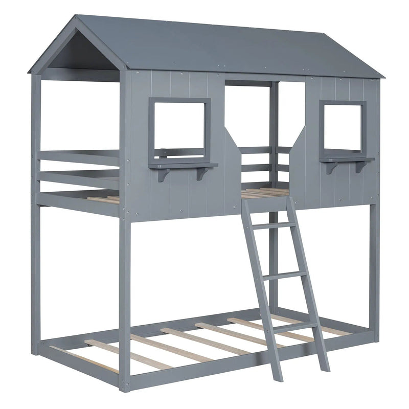 Twin Over Twin Bunk Bed With Roof, Window, Guardrail, Ladder by HouseOfZazla