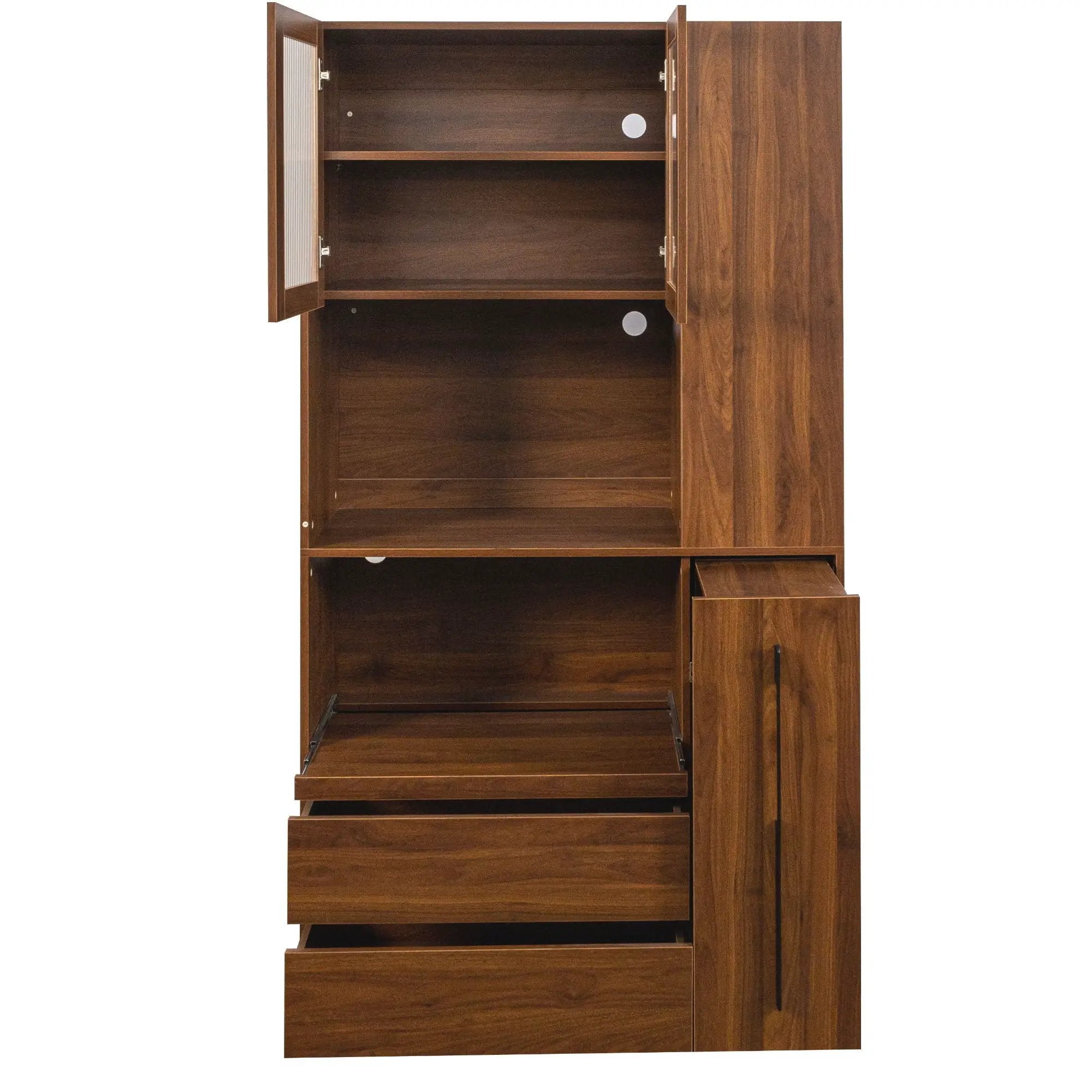 Tall Kitchen Pantry Cabinet With 4 Tier Side Shelf, 2 Drawers, Freestanding Food Hutch With Microwave Stand For Dining Room - Walnut by HouseOfZazla