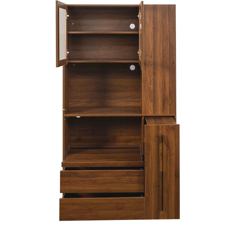 Tall Kitchen Pantry Cabinet With 4 Tier Side Shelf, 2 Drawers, Freestanding Food Hutch With Microwave Stand For Dining Room - Walnut by HouseOfZazla