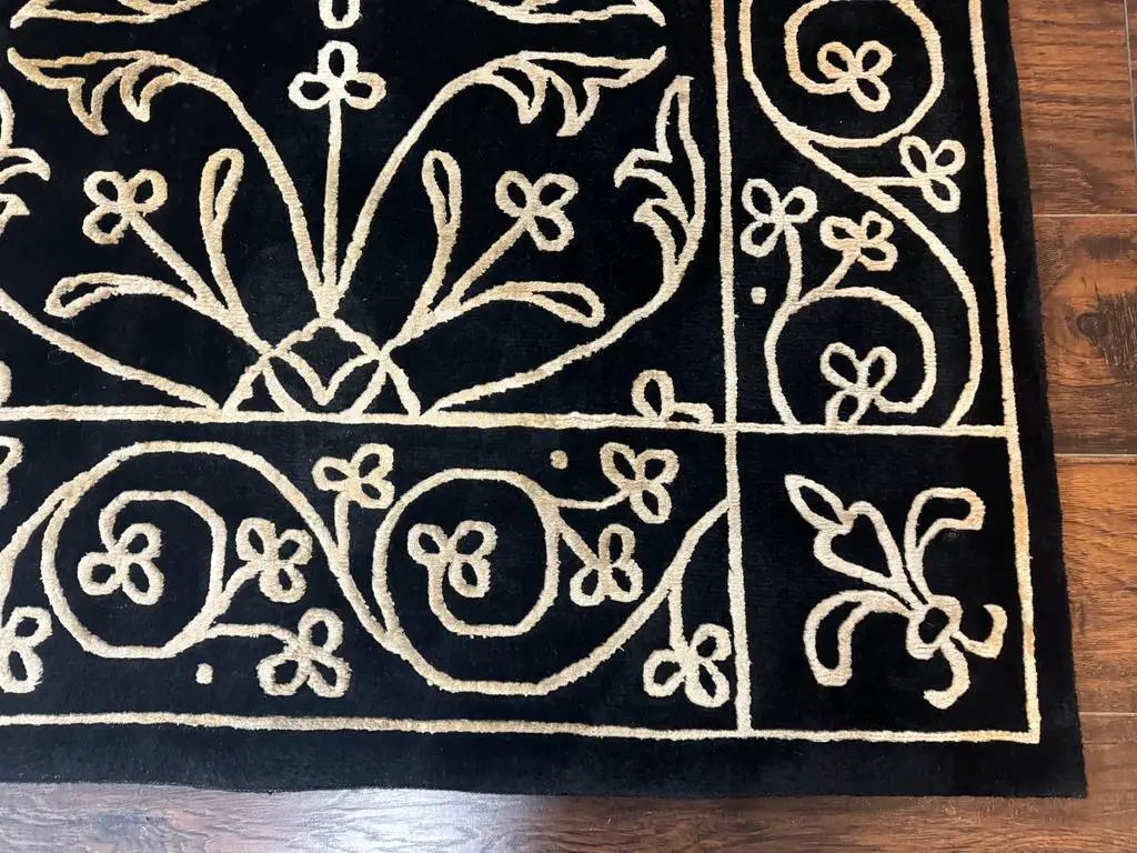 Tibetan Rug 8x10, Wool and Silk, Raised Pattern, Black and Gold, Floral by Jewel Rugs