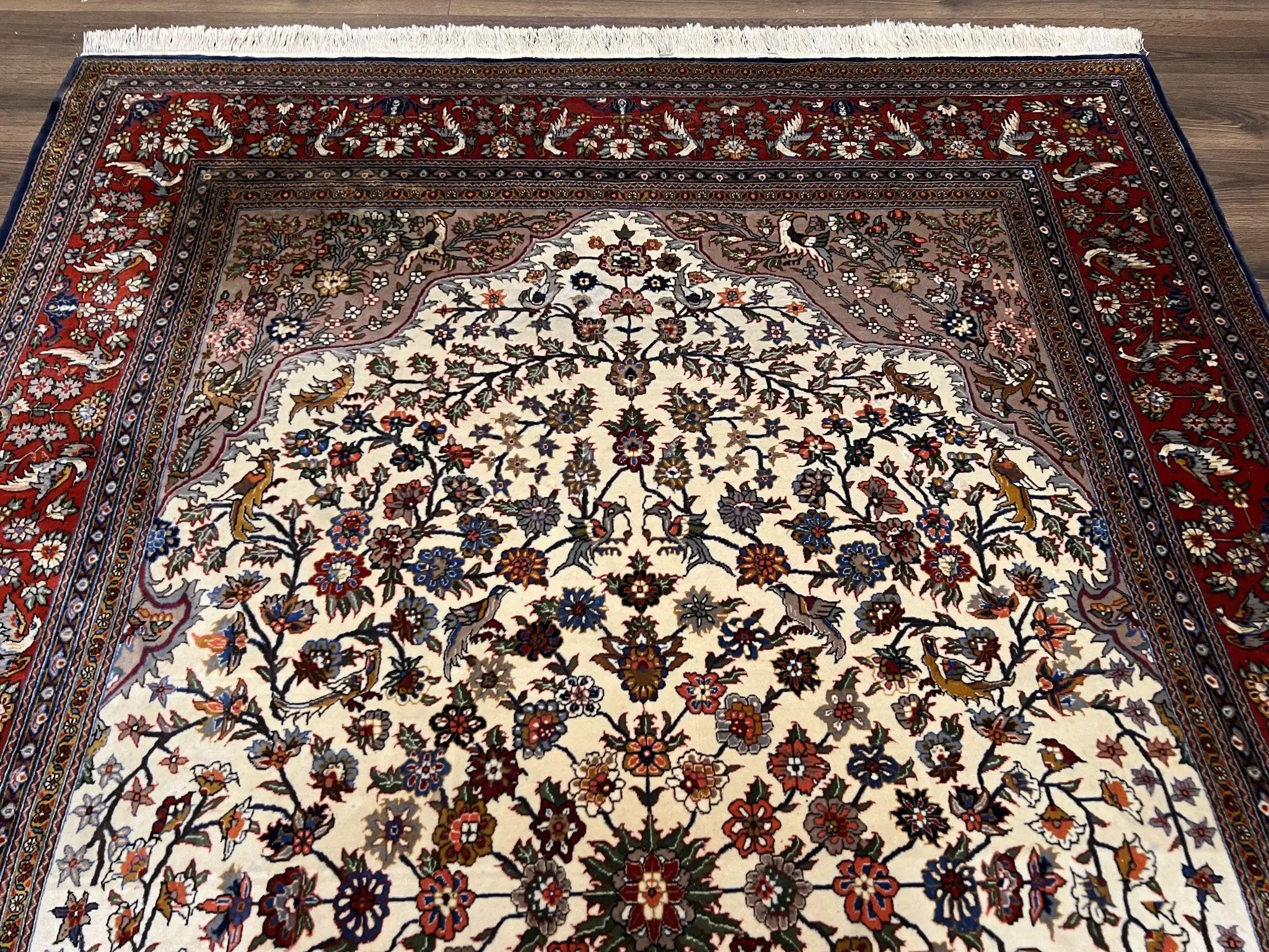 Beautiful Sino Persian Rug 7x10, Circle of Life Tree of Life Rug, Birds, Cream Red Navy Blue Taupe, Wool Silk Accents, Hand Knotted Vintage by Jewel Rugs