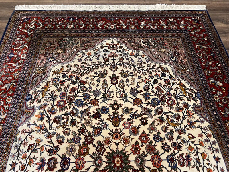Beautiful Sino Persian Rug 7x10, Circle of Life Tree of Life Rug, Birds, Cream Red Navy Blue Taupe, Wool Silk Accents, Hand Knotted Vintage by Jewel Rugs