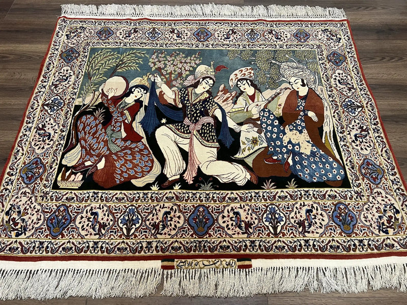 Persian Pictorial Rug 5 x 4 ft, Persian Isfahan Rug, Kork Wool on Silk Foundation, Signature from Master Weaver, Drums and Musical Instruments, Birds, Detailed by Jewel Rugs