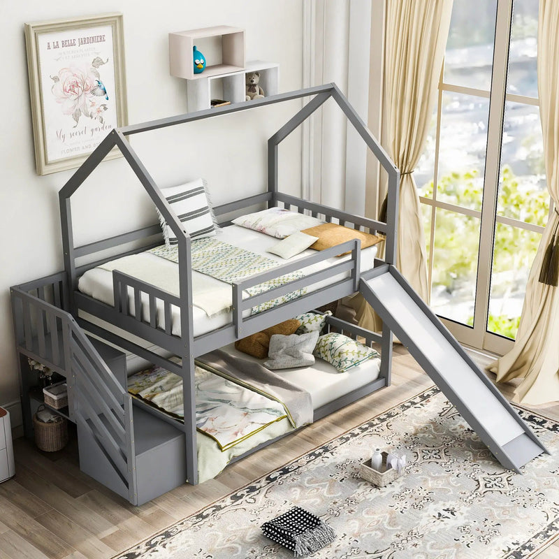 Twin Over Twin House Bunk Bed With Convertible Slide, Storage Staircase by HouseOfZazla