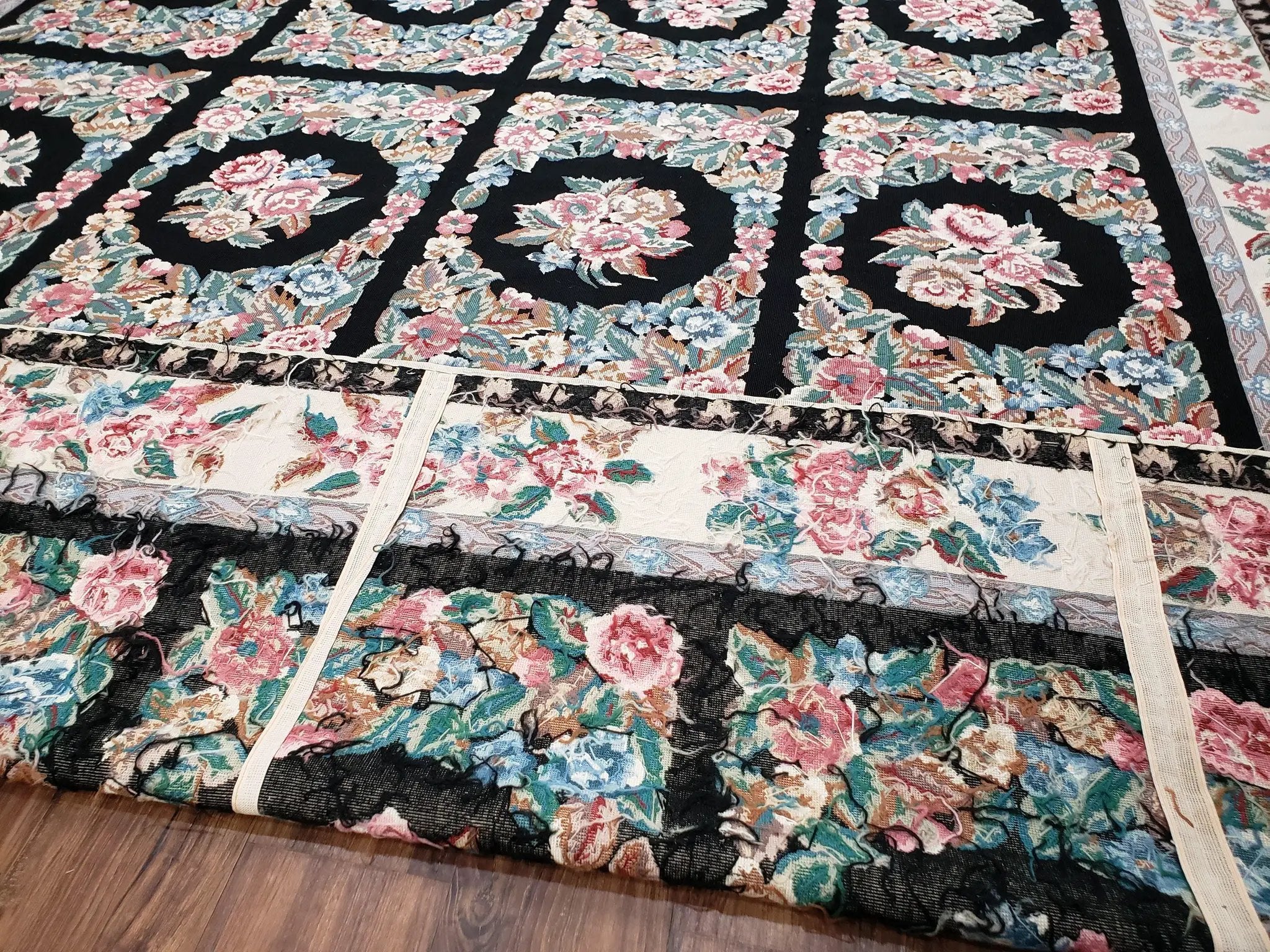 Floral Needlepoint Rug 9.5 x 13.6, Floral Panel Design, Black and Ivory Flatweave Aubusson Carpet, Multicolor by Jewel Rugs