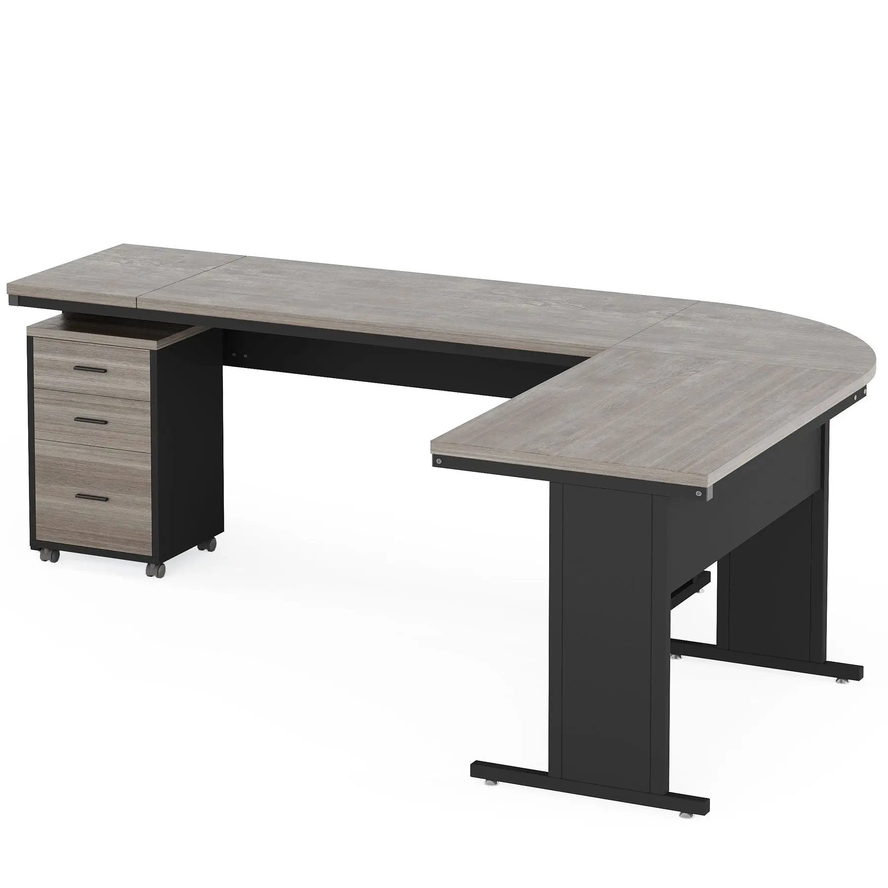 L-Shaped Executive Desk With Reversible Design, 3 Drawer Mobile File Cabinet For Home Office Workstation - Gray / Black by HouseOfZazla