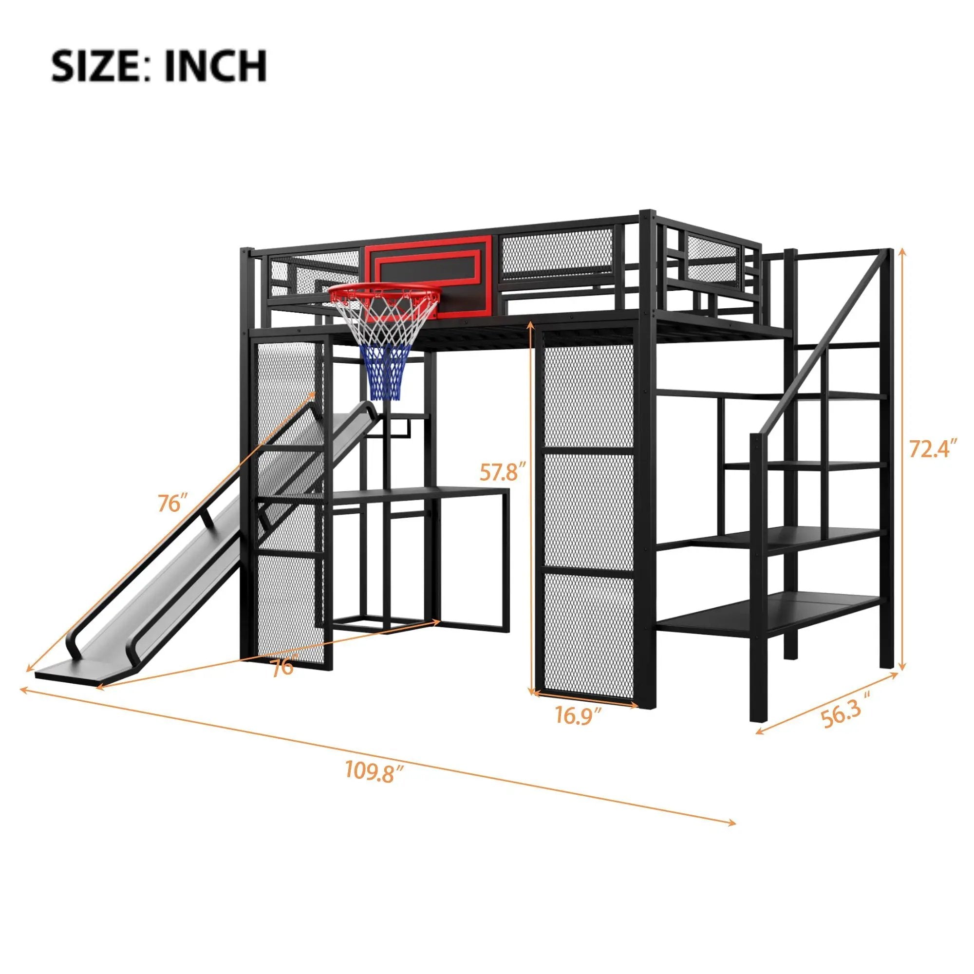 Loft Bed With Built In Desk, Open Wardrobe, Basketball Hoop, Slide And Staircase by Unique Piece Furniture