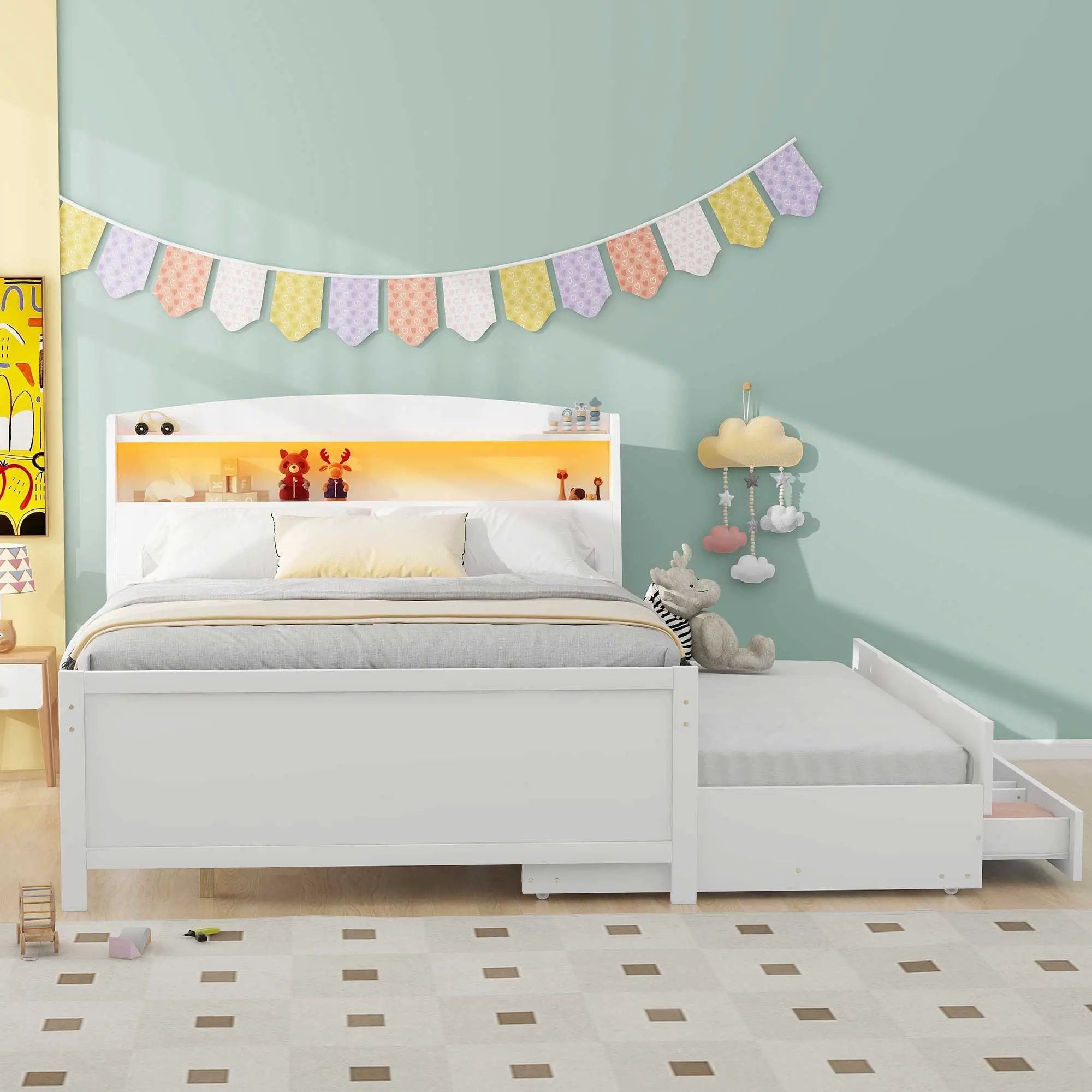Full Size Platform Bed With Storage LED Headboard, Twin Trundle And 3 Drawers - White by Unique Piece Furniture