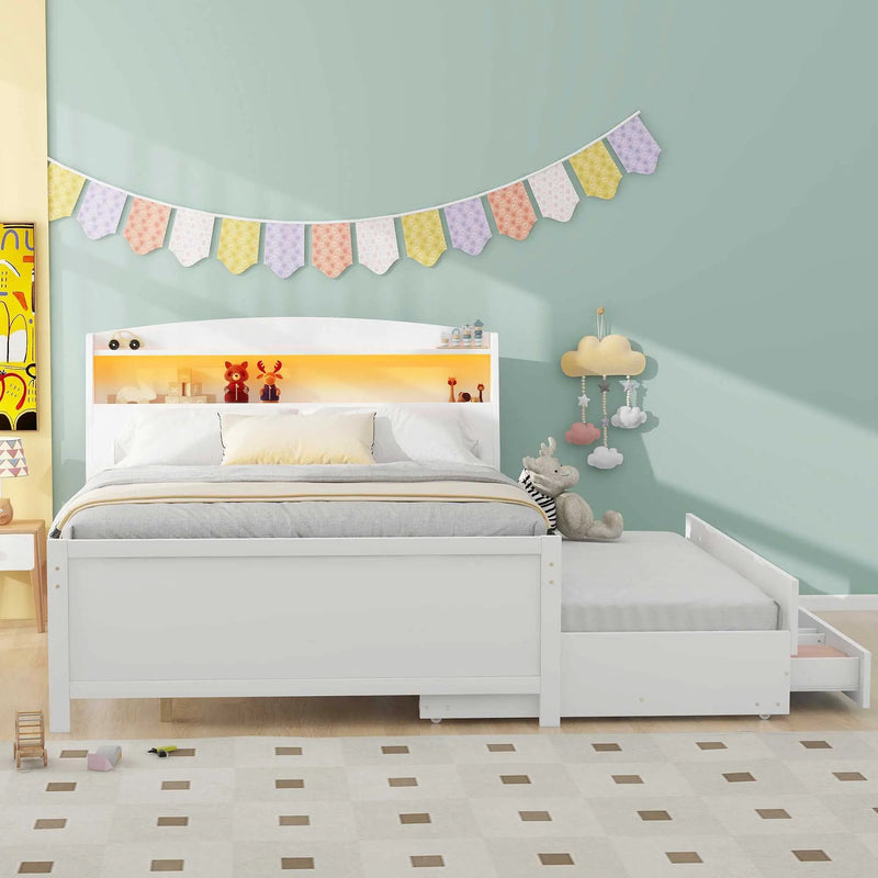 Full Size Platform Bed With Storage LED Headboard, Twin Trundle And 3 Drawers - White by Unique Piece Furniture