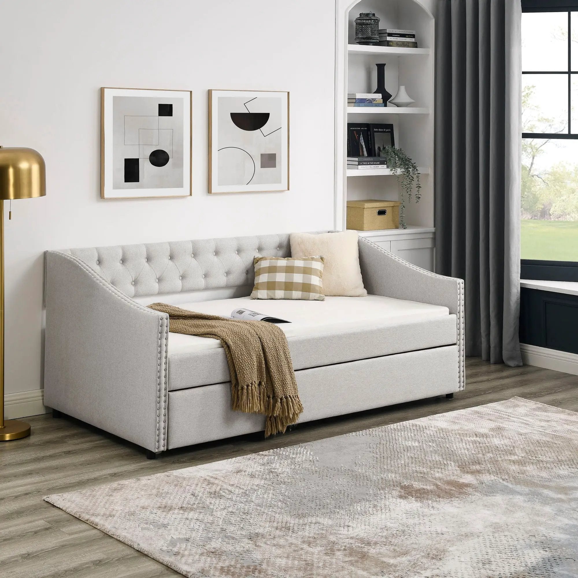 Upholstered Tufted Daybed With Drawers, Waved Arms by Unique Piece Furniture