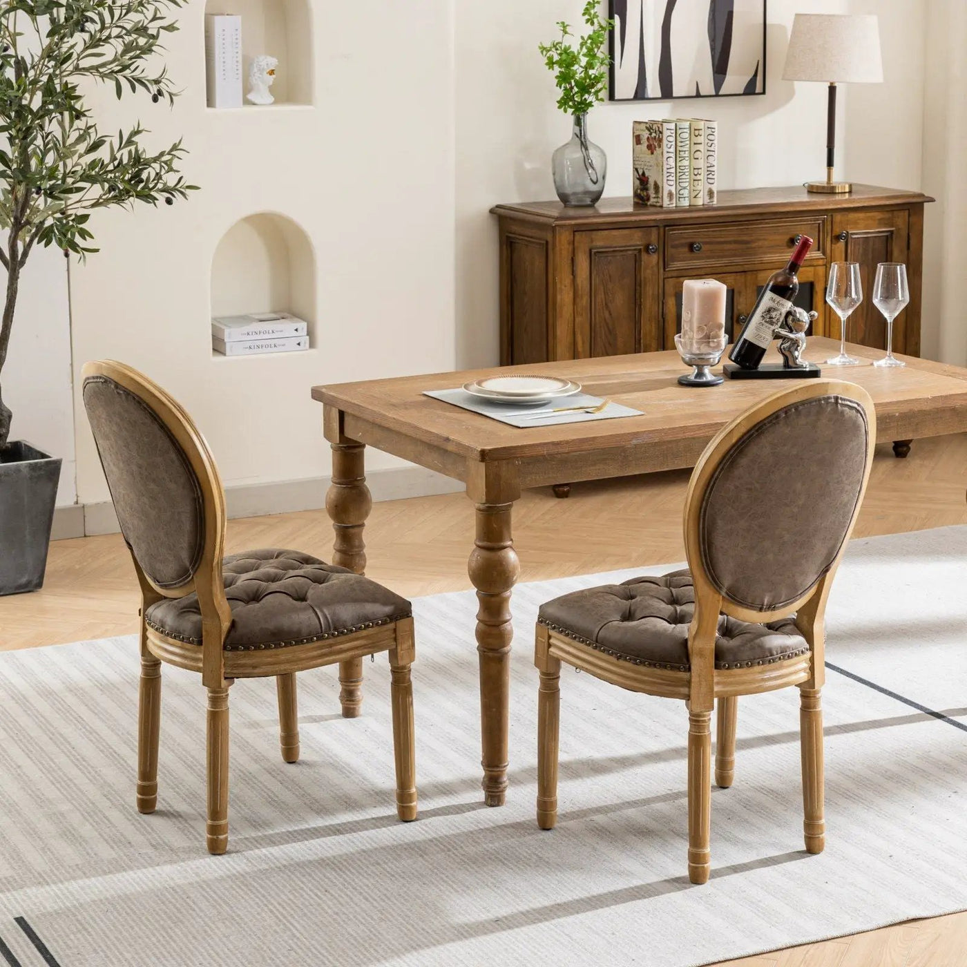 French Style Solid Wood Frame Antique Painting, Hand-Pulled Buckle Decoration Artificial Dining Chair With Nailhead Trim, Wood Legs by HouseOfZazla