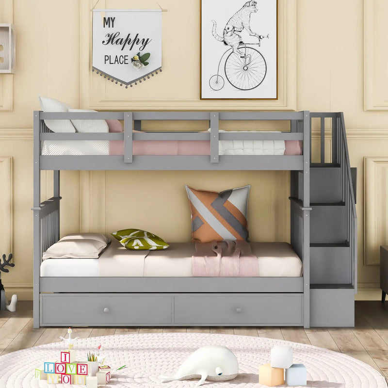 Stairway Bunk Bed With Storage And Guard Rail For Bedroom by HouseOfZazla