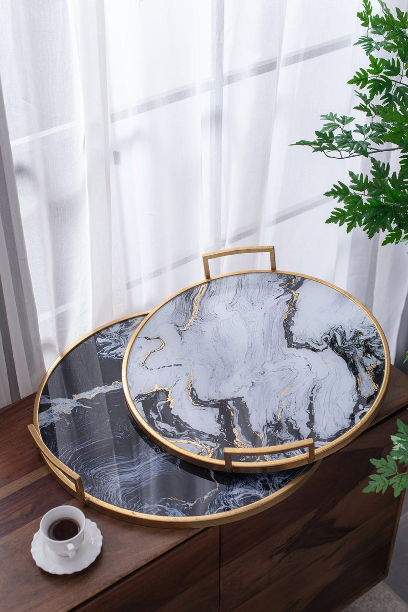 S/2 Round Decorative Tray with Abstract Marbled Design by HouseOfZazla