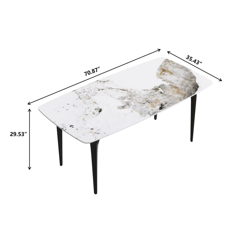 70.87" Modern Artificial Stone Pandora White Curved Black Metal Leg Dining Table - Antique White by Unique Piece Furniture