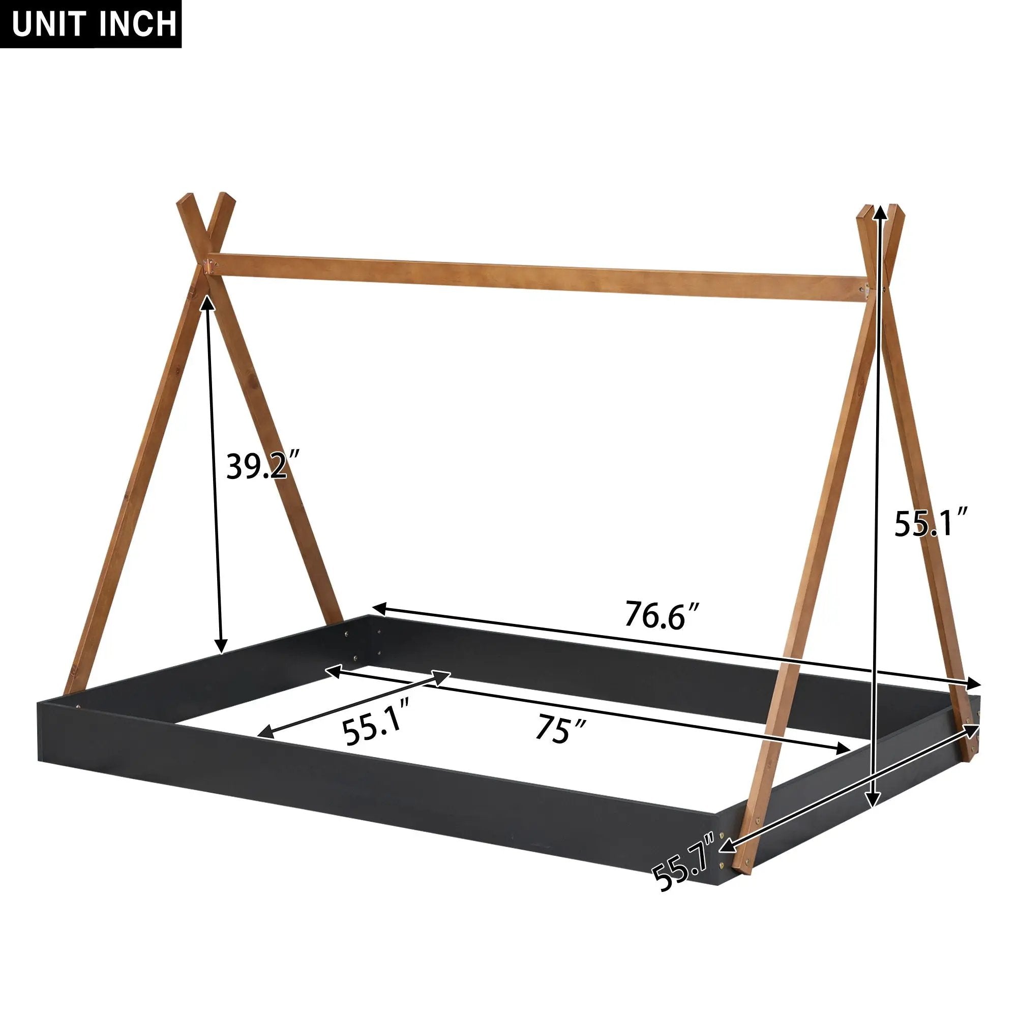 Full Size Tent Floor Bed With Triangle Structure, Low Profile Design - Black / Brown by HouseOfZazla