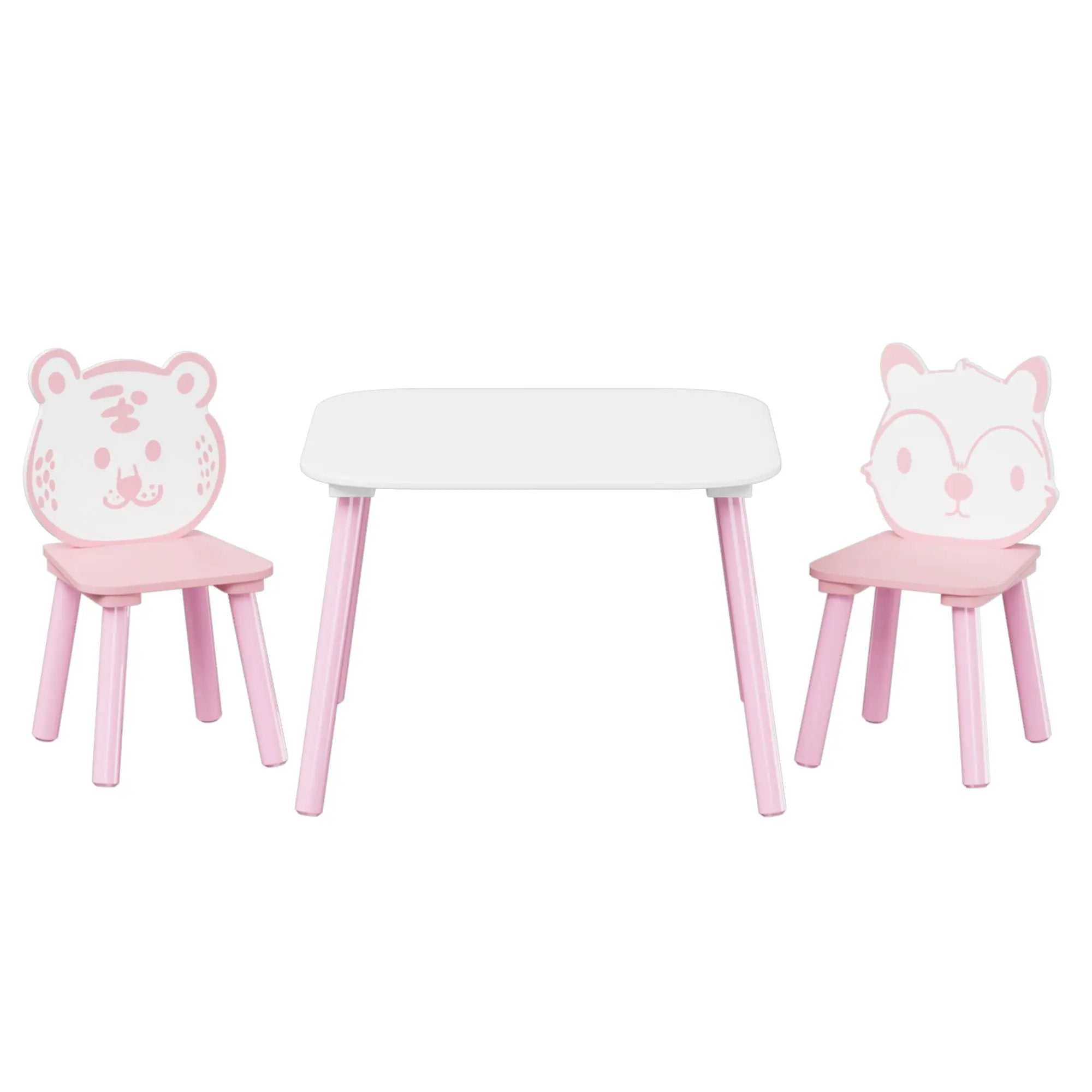 Table And Chair Set, 3 Piece Wooden Toddler Desk With Animal Backrest - Pink / White by Unique Piece Furniture