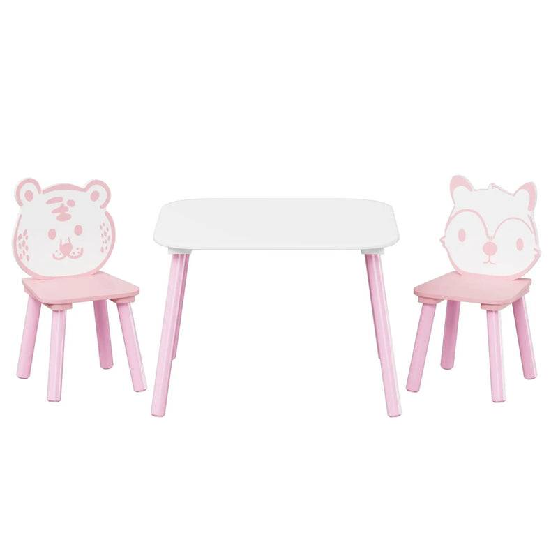 Table And Chair Set, 3 Piece Wooden Toddler Desk With Animal Backrest - Pink / White by Unique Piece Furniture