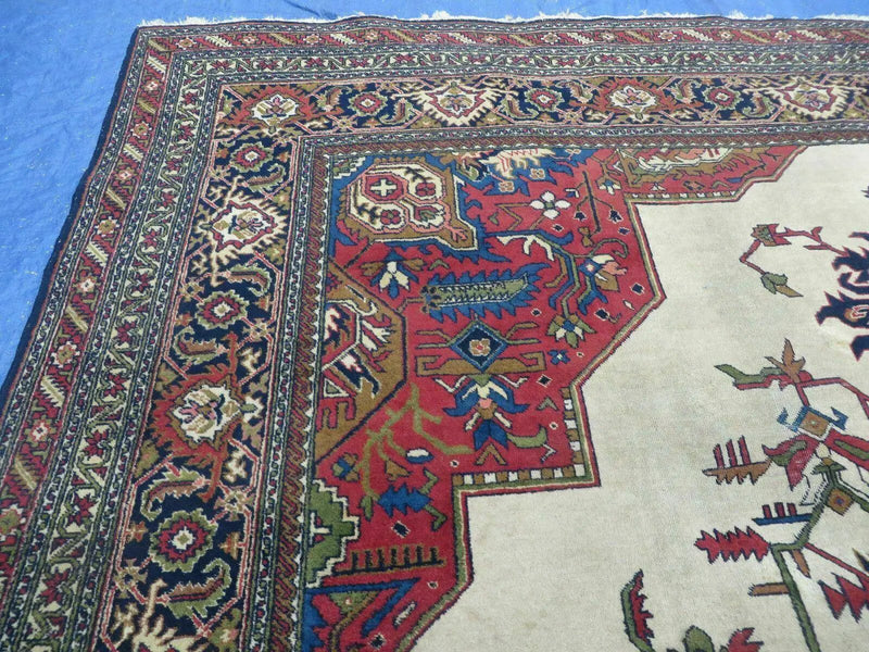 Persian Tabriz Rug 10x13 Oriental Carpet, Ivory Open Field, Geometric Medallion, Red Blue, Hand Knotted, Large Wool Area Rug Vintage Antique 1950s by Jewel Rugs