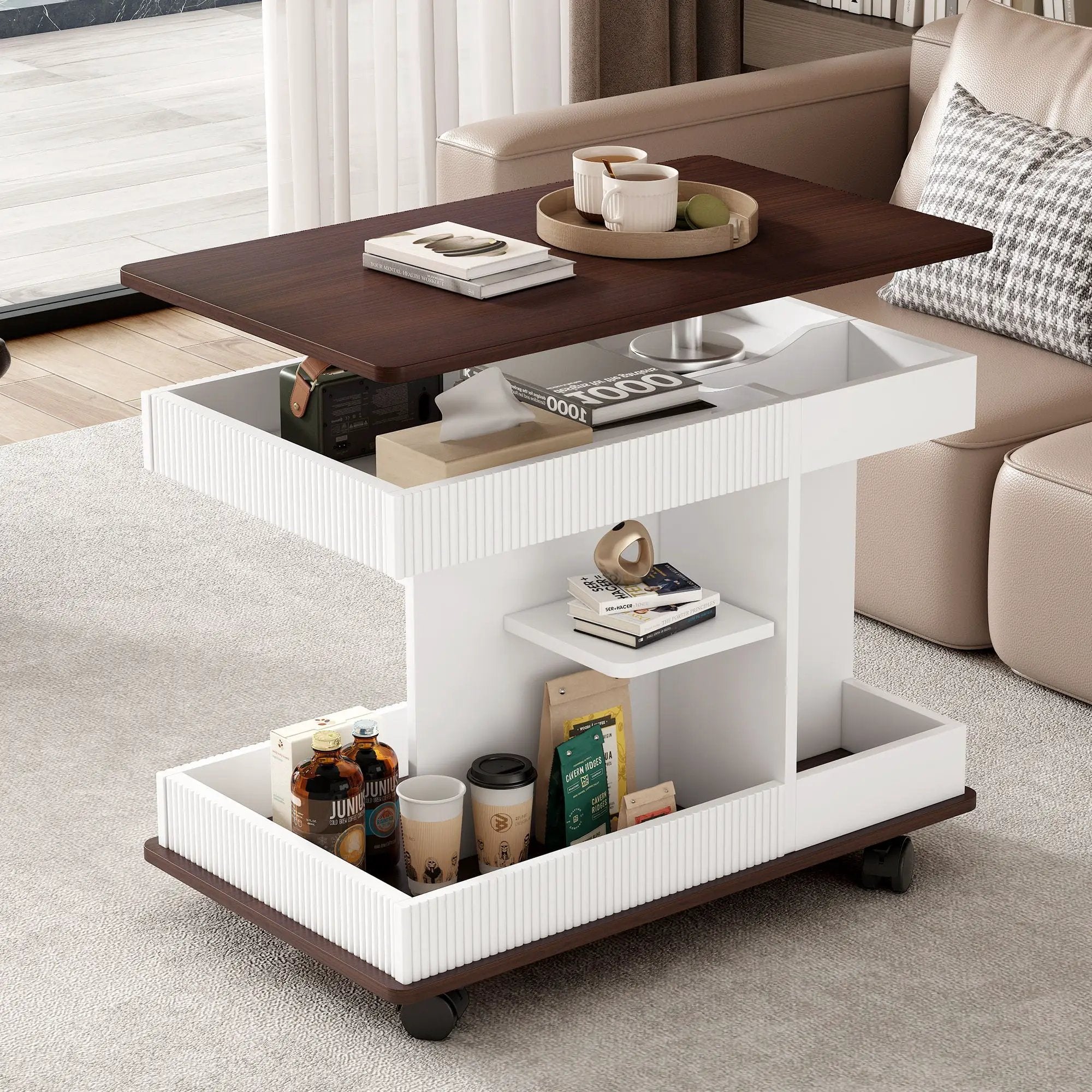 Adjustable End Table With Wheels, 360°Rotating Top And Storage Space by Unique Piece Furniture