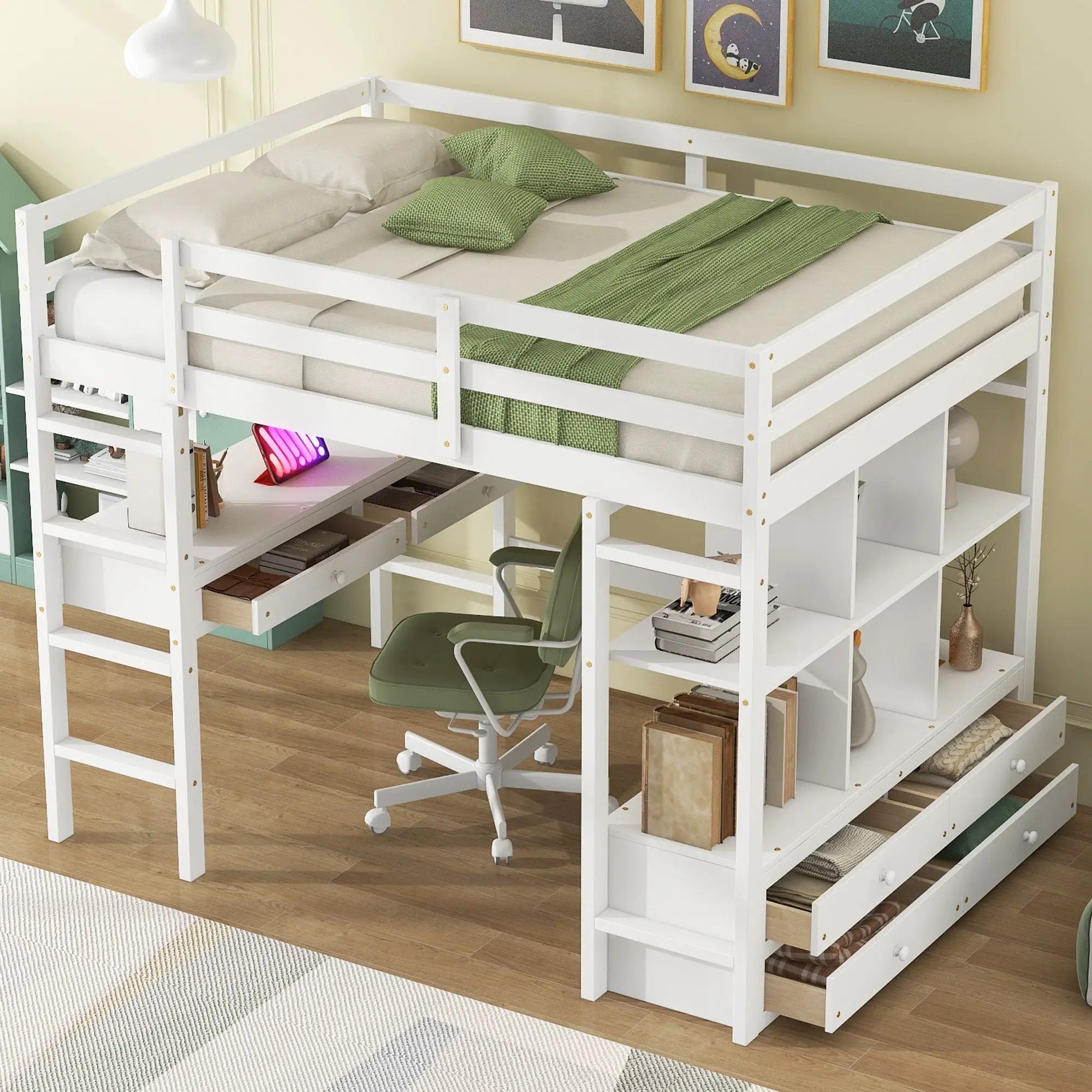 Full Size Loft Bed With Built In Desk, 2 Drawers, Storage Shelves - White by Unique Piece Furniture