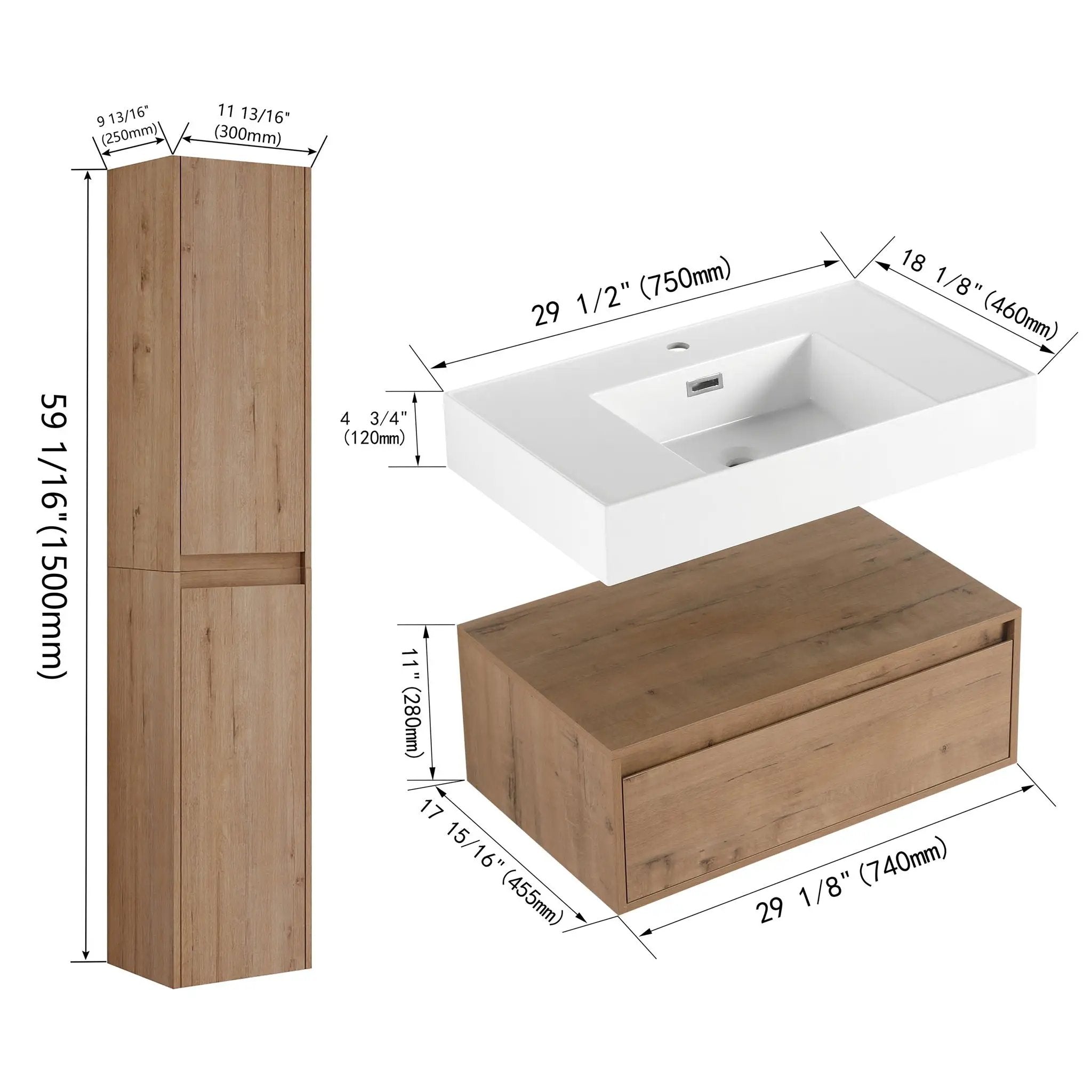 Modern Wall Mounted 30 Inch Bathroom Vanity With Resin Sink And 2 Side Cabinet In Imitative - Imitative Oak by Unique Piece Furniture