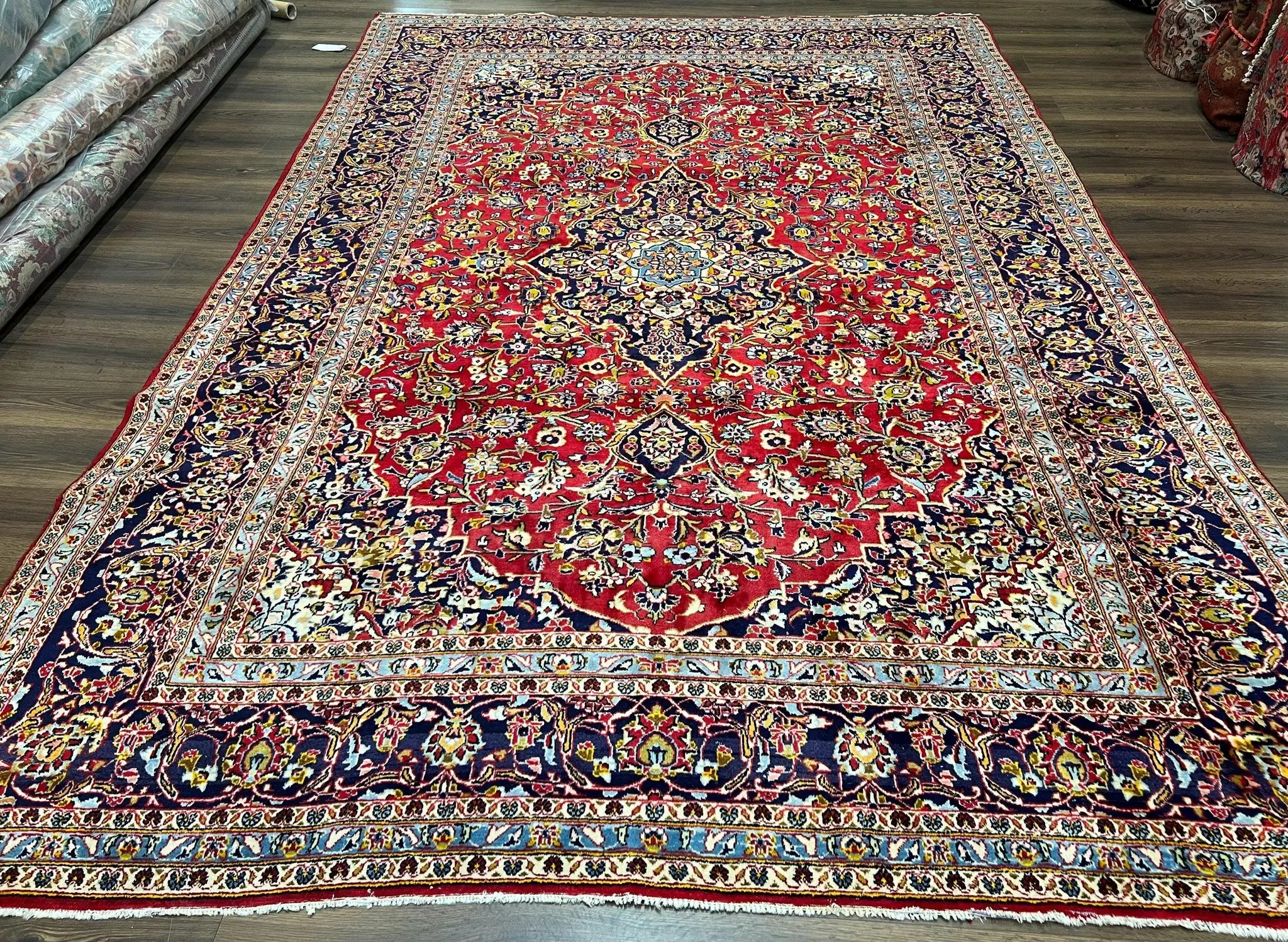 Persian Kashan Rug 9x12, Red Navy Blue, Allover Floral Medallion & Corner Design, Handmade Wool Oriental Carpet, Semi Antique Traditional Carpet by Jewel Rugs