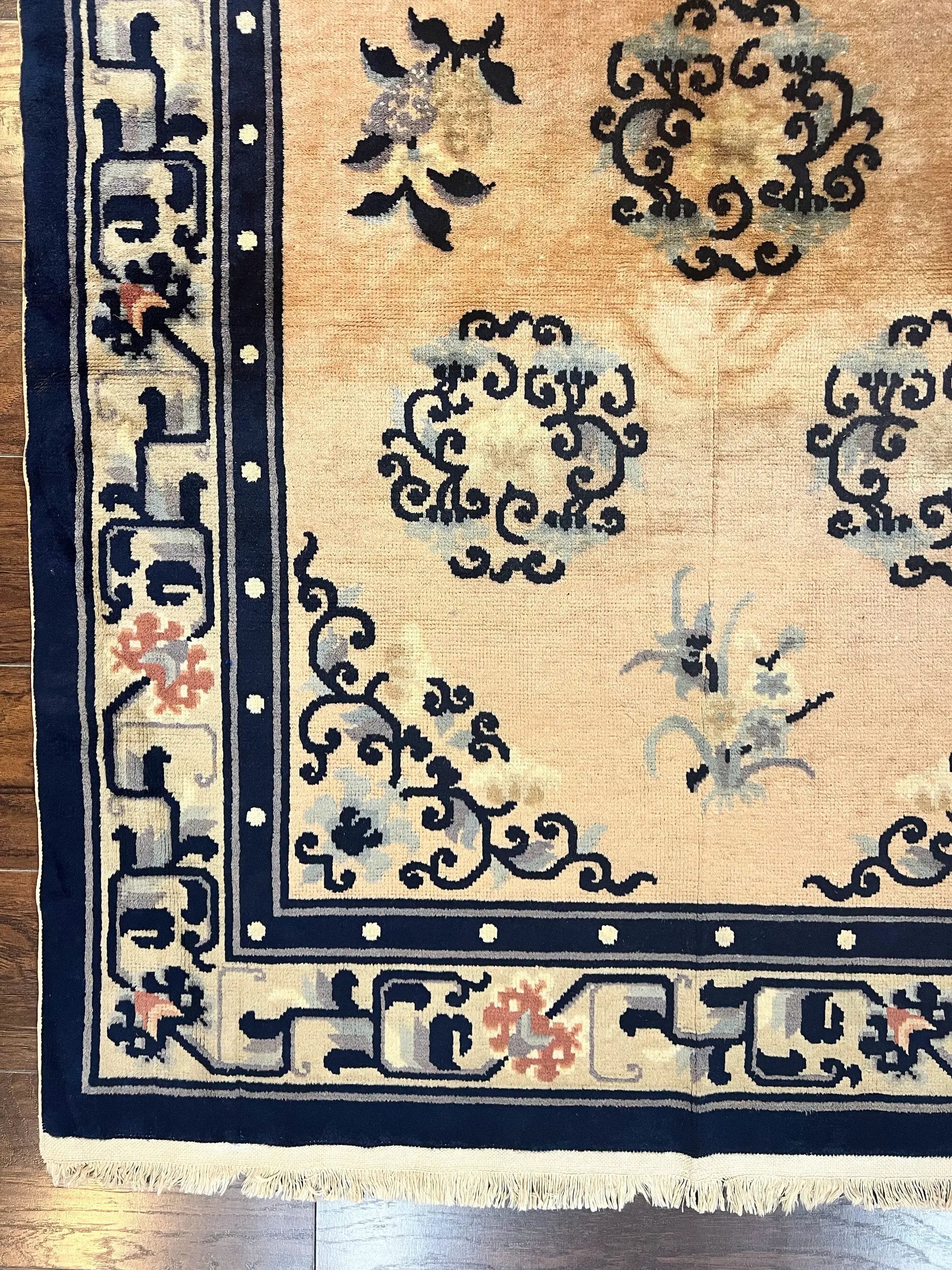 Chinese Peking Rug 4x6, Wool Hand Knotted Handmade Vintage Semi Antique Carpet, Semi Open Field, Light Peach & Navy Blue, Art Deco Rug by Jewel Rugs