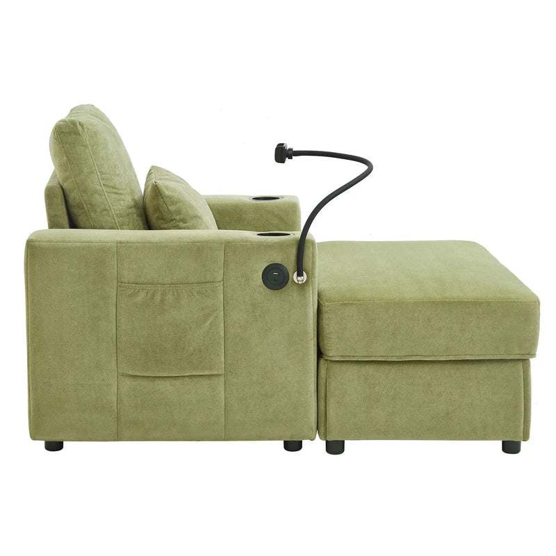 Modern Style Armchair Chaise Lounge Sofa Couch With Movable Storage Ottoman, USB Ports, Cup Holders, Phone Holder, Side Pockets by HouseOfZazla