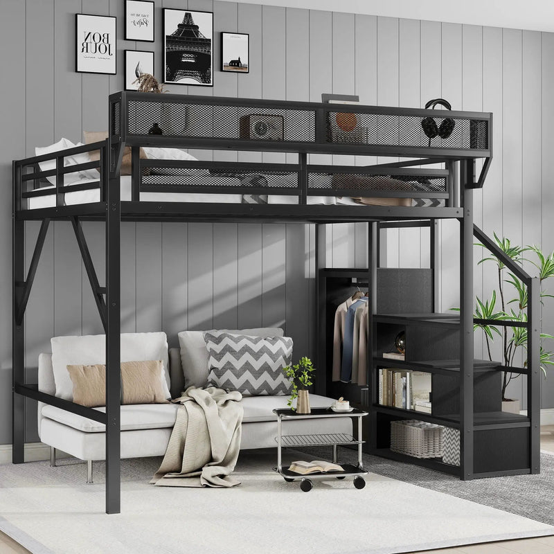 Queen Size Loft Bed With Stairs, Storage Shelves, Wardrobe - Black by Unique Piece Furniture