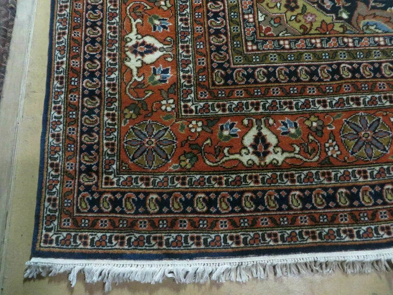 Indo Persian Rug 9x12, Semi Open Field Medallion, Ivory Tomato Red Navy Blue, Hand Knotted Indian Oriental Wool Carpet 9 x 12 ft, Room Sized by Jewel Rugs