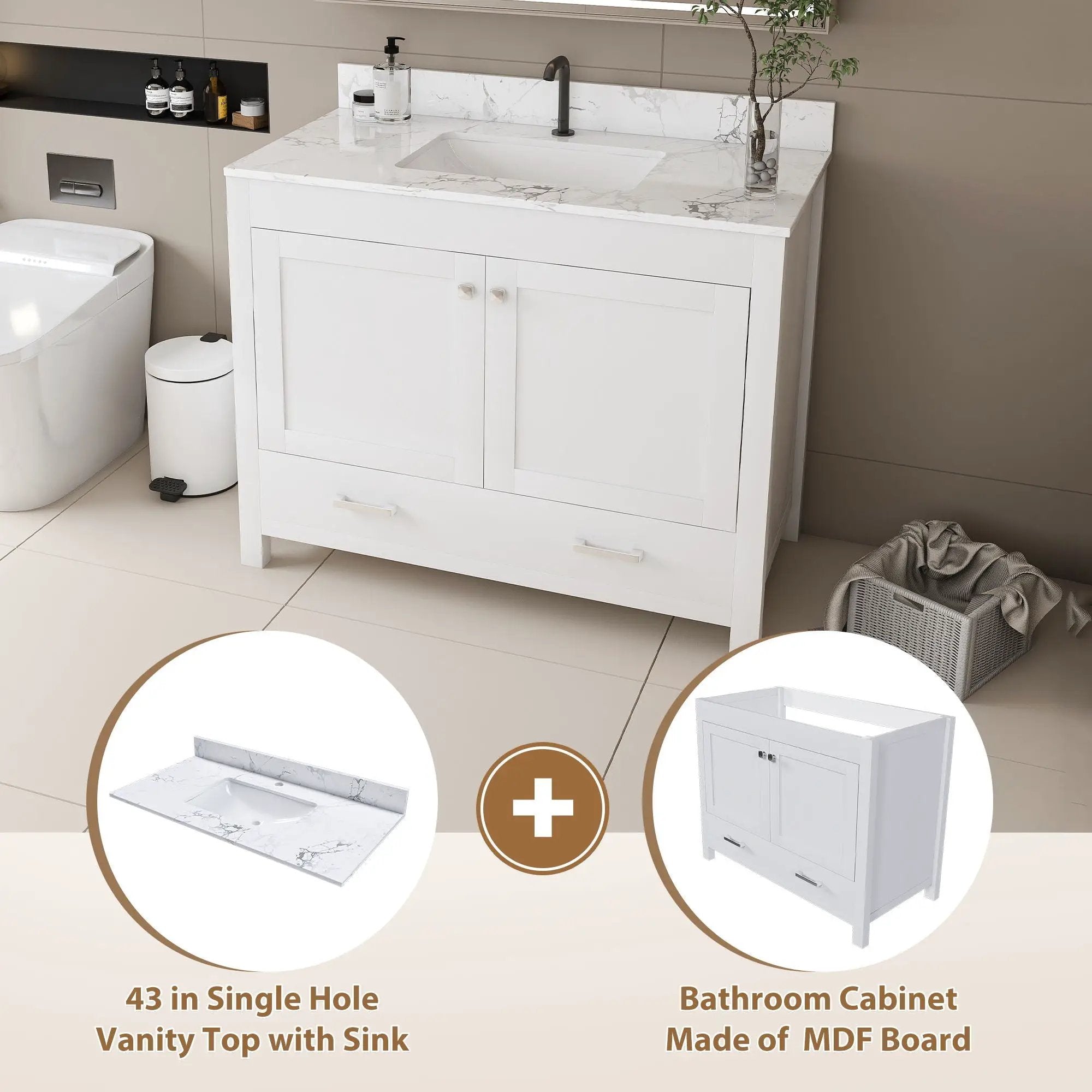 43" Bathroom Vanity With Artificial Marble Carrara Top Set, Multi Functional Cabinet With Doors And Drawer - White by Unique Piece Furniture