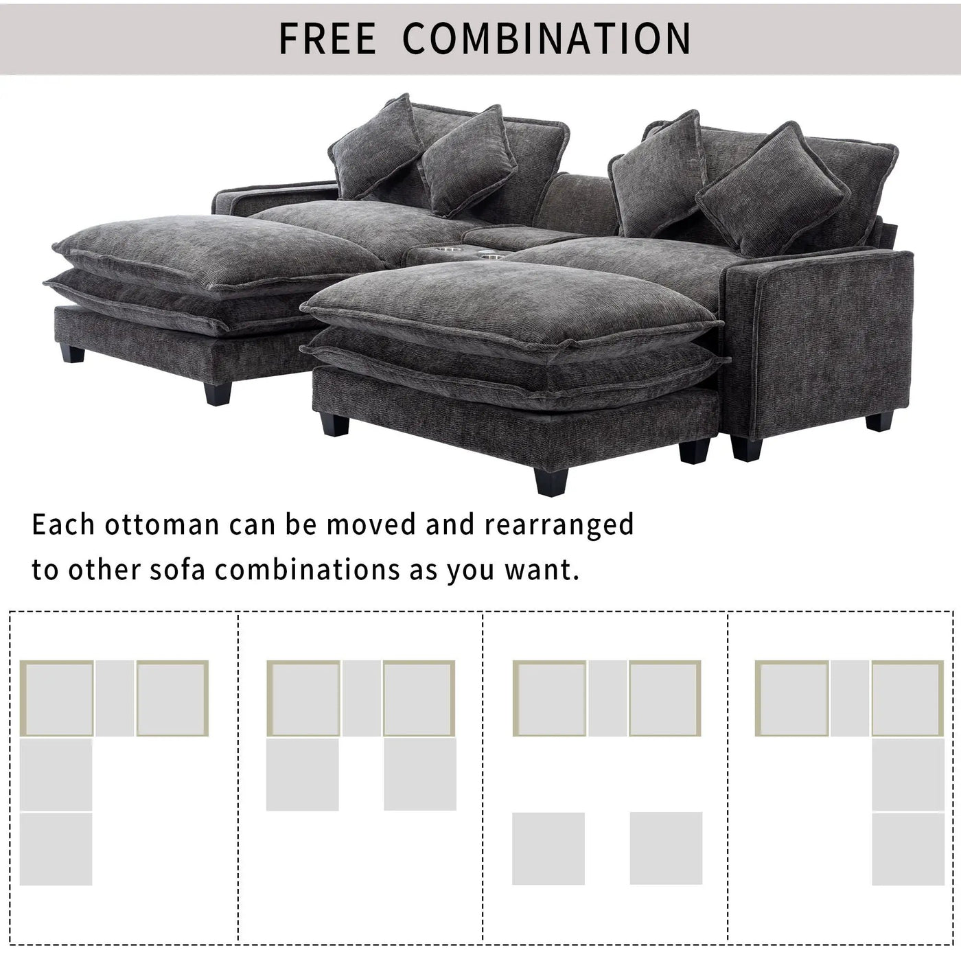 Modern Sectional Sofa With Removable Ottomans, USB Ports by HouseOfZazla