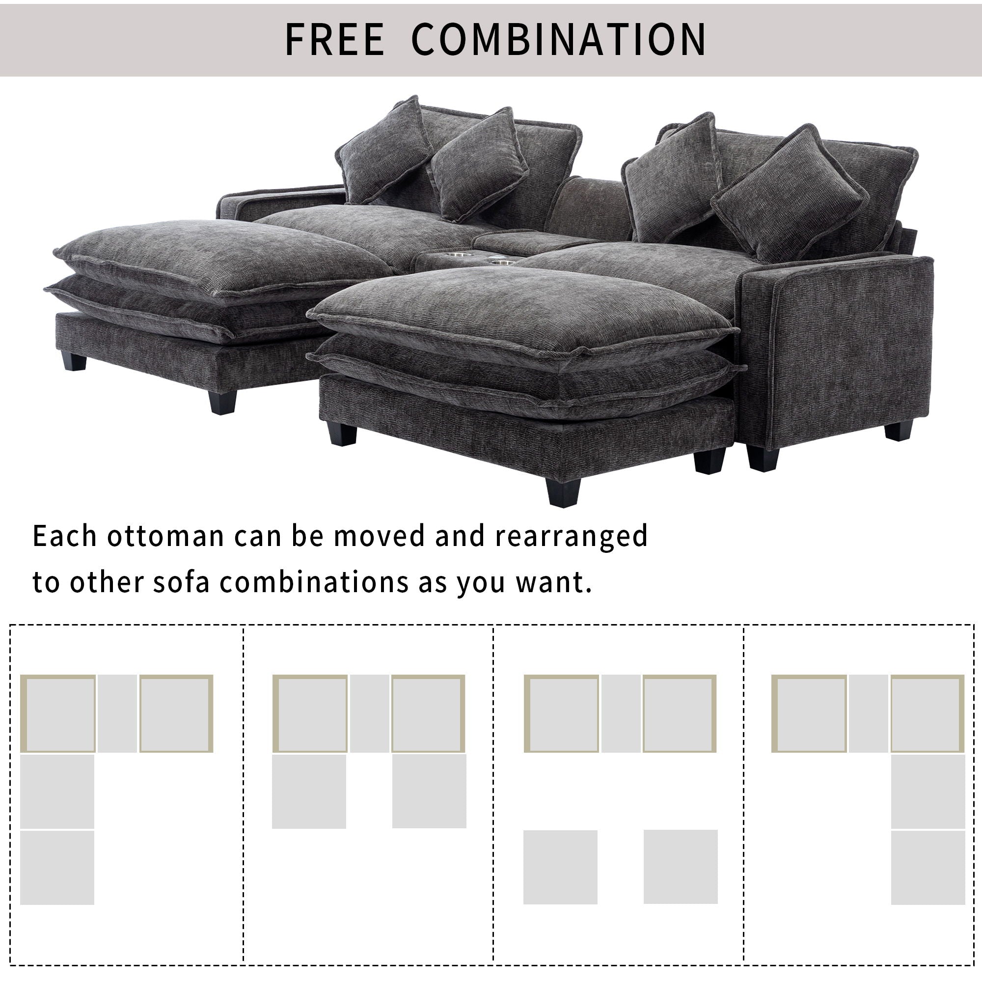 Modern Sectional Sofa With Removable Ottomans, USB Ports by HouseOfZazla