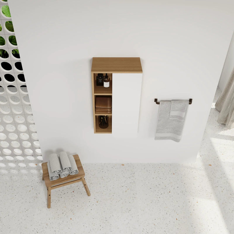 Wall Mounted Bathroom Side Cabinet, Single Door With 3 Tier Open Shelves - Black / Light Oak / White by HouseOfZazla