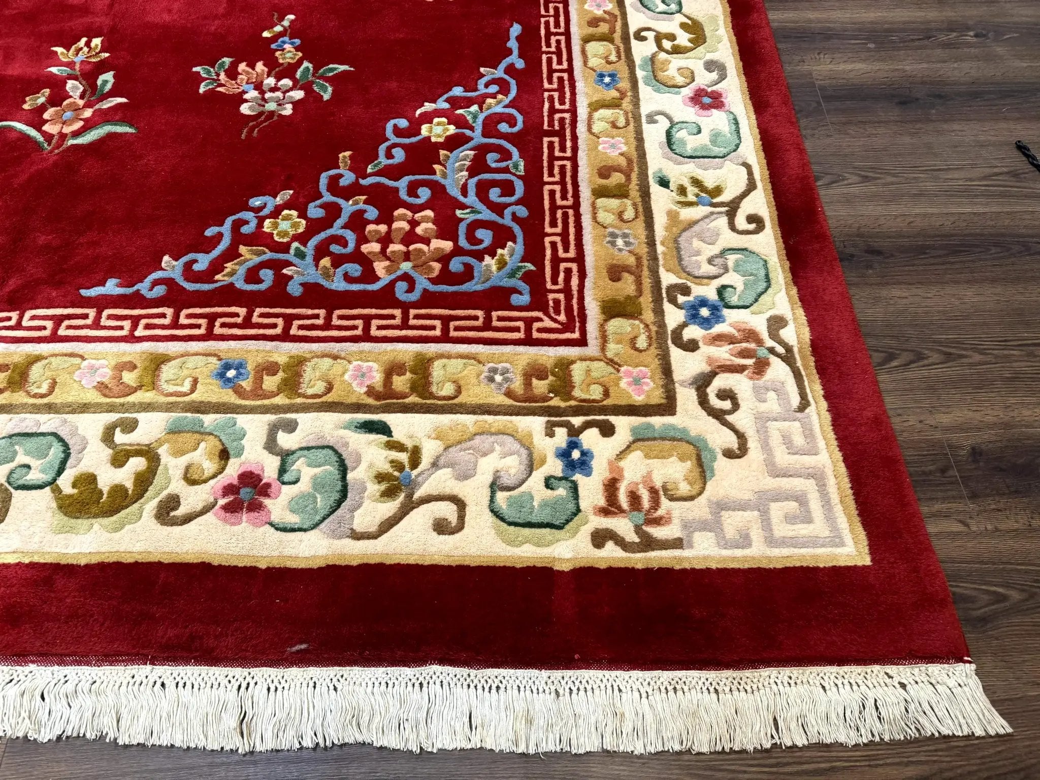 Indo Chinese Wool Rug 9x12, Red Art Deco Carpet, Vintage by Jewel Rugs