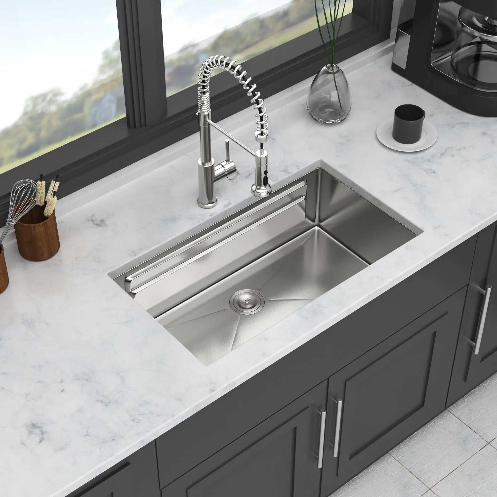 Undermount Kitchen Sink, Single Bowl With Ledge Workstation, 16 Gauge Stainless Steel - Brushed Nickel by HouseOfZazla