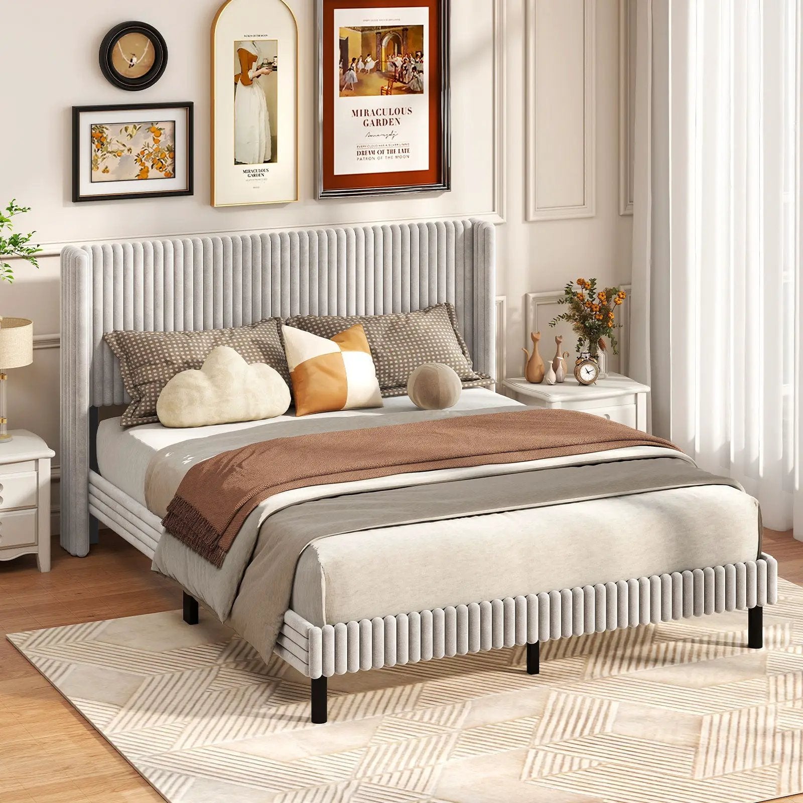 Queen Size Velvet Bed Frame with Vertical Channel Tufted Wingback Headboard-White by DirectDeals