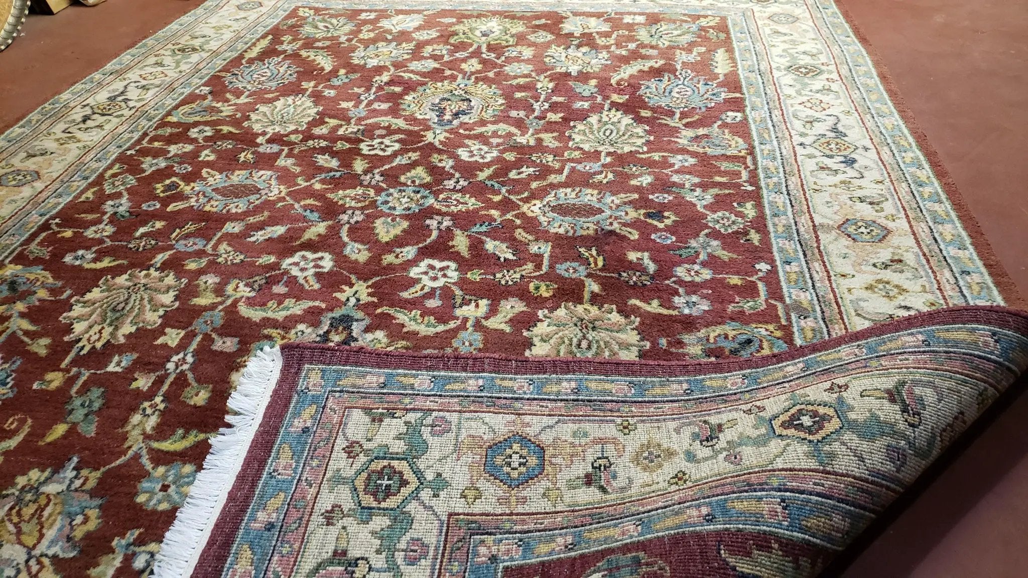 8x12 Indo-Mahal Rug, Floral Allover, Red & Beige, Wool Vintage Handmade Traditional Carpet by Jewel Rugs