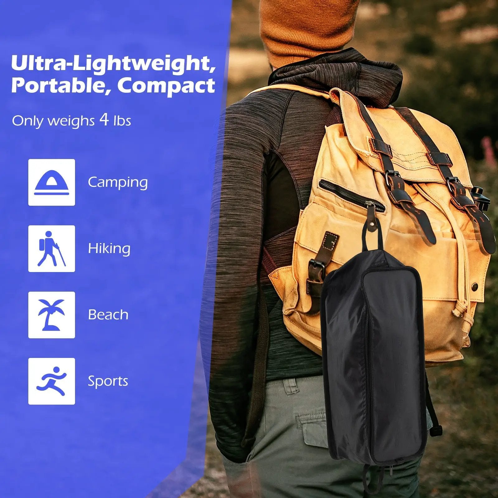 High Back Portable Camping Chair with Compact Carry Bag and Pillow-Black by DirectDeals