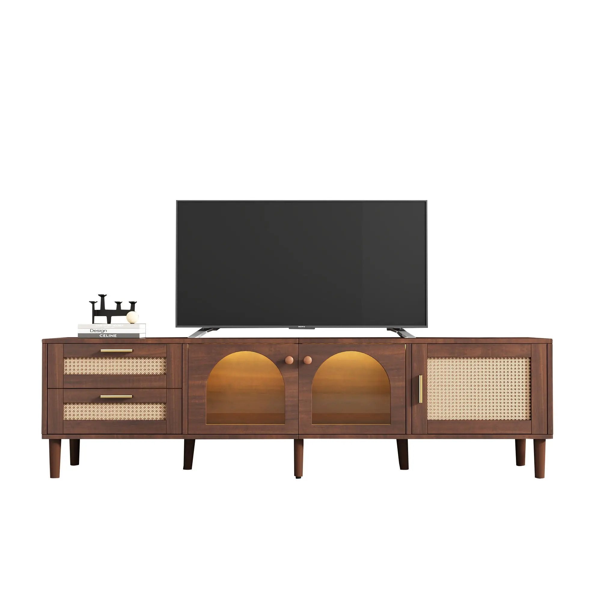 TV Stand With 3 Cabinets & 2 Drawers, LED Light Media Console For TVs Up To 80" - Dark Brown by HouseOfZazla