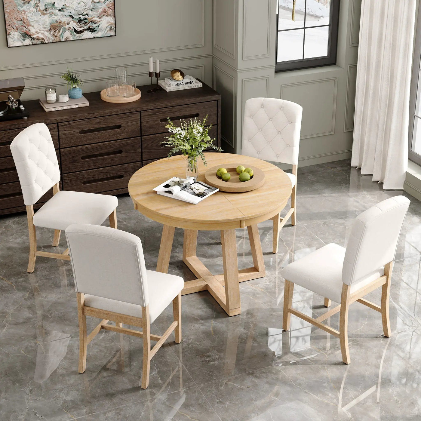 Dining Set With Leaf Round Table And 4 Upholstered Chairs by Unique Piece Furniture