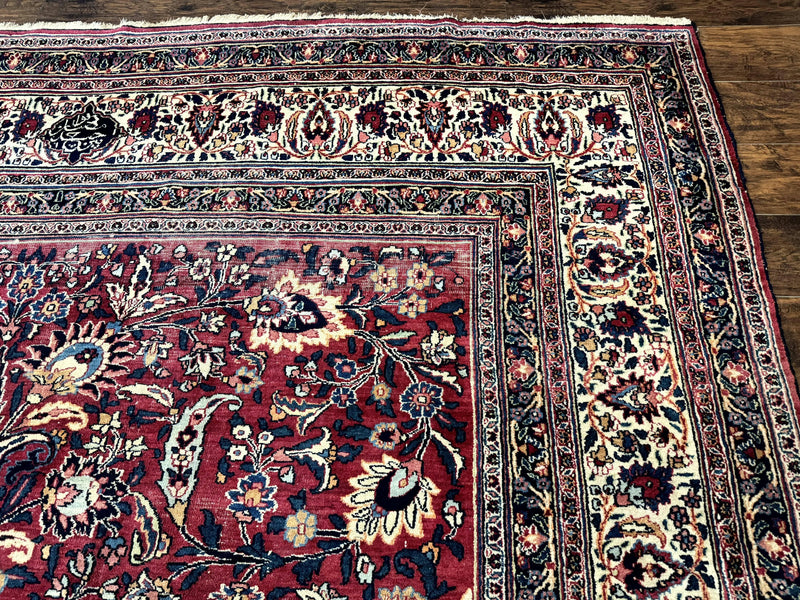 Antique Persian Mashad Rug 10x12, Red and Ivory, Signed by Master Weaver by Jewel Rugs