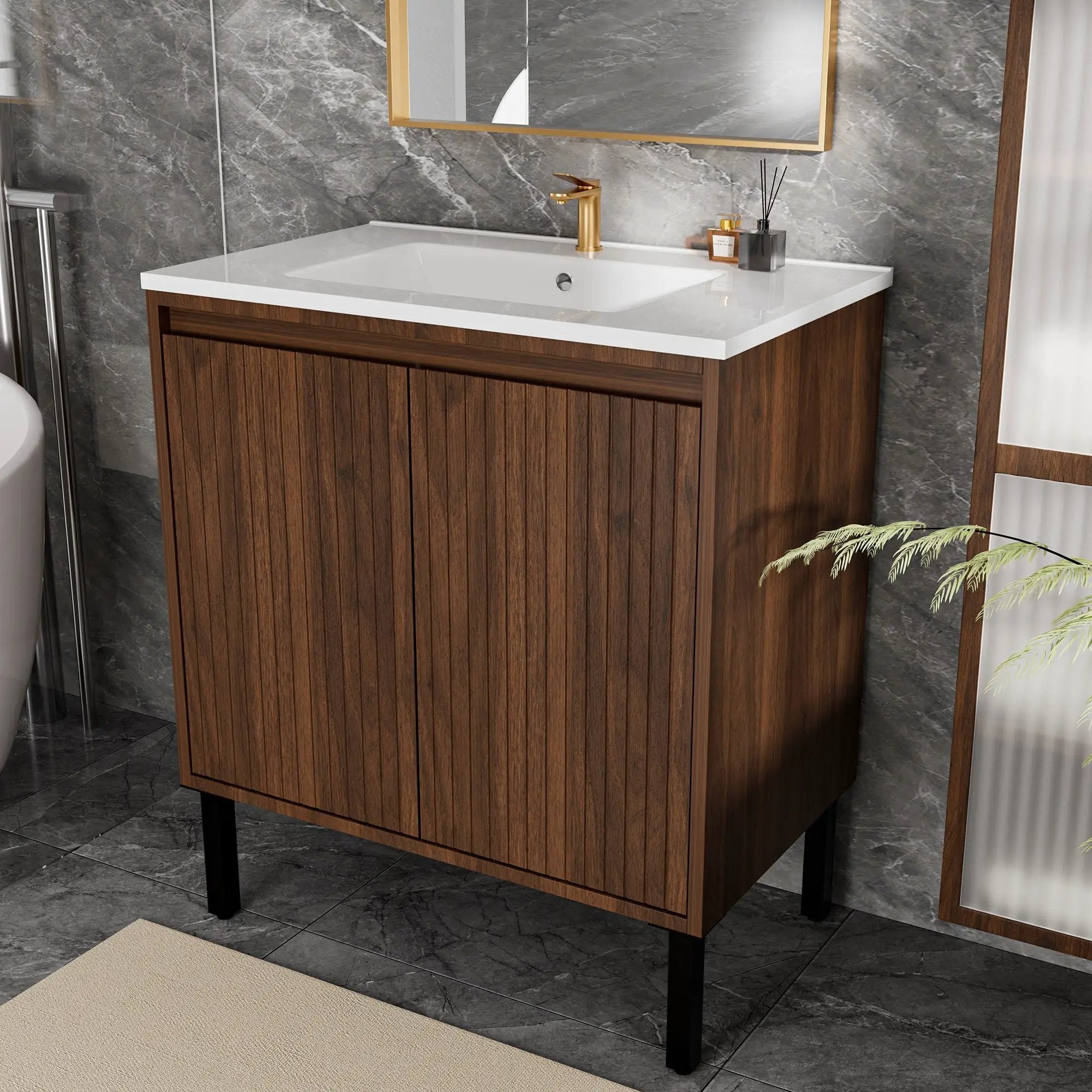 Bathroom Vanity With Ceramic Sink, Floor-Standing Design, Soft-Closing Drawers by Unique Piece Furniture
