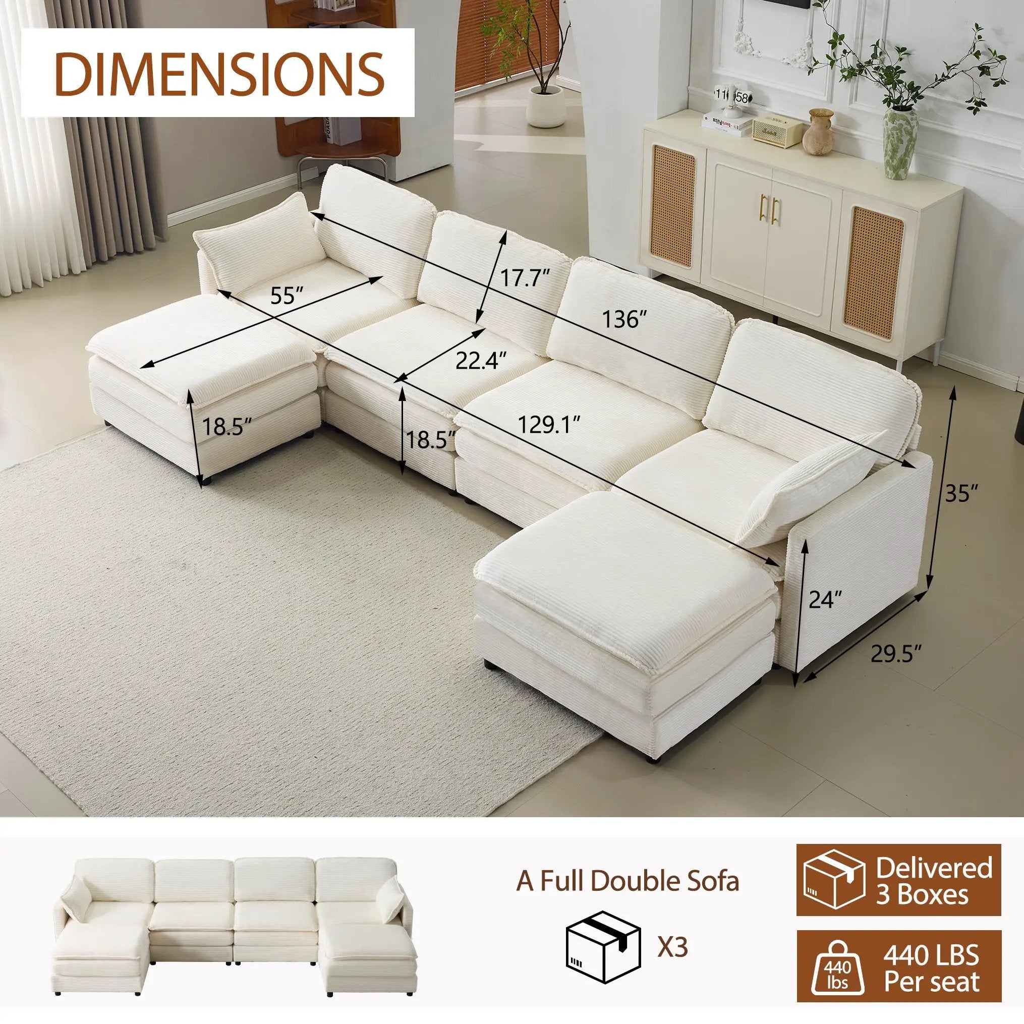 136" Plush Cloud 3-seater Sofa: Modular Design with Footstools by HouseOfZazla