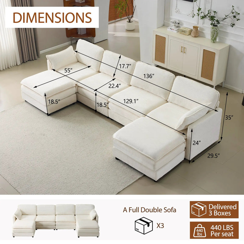 136" Plush Cloud 3-seater Sofa: Modular Design with Footstools by HouseOfZazla