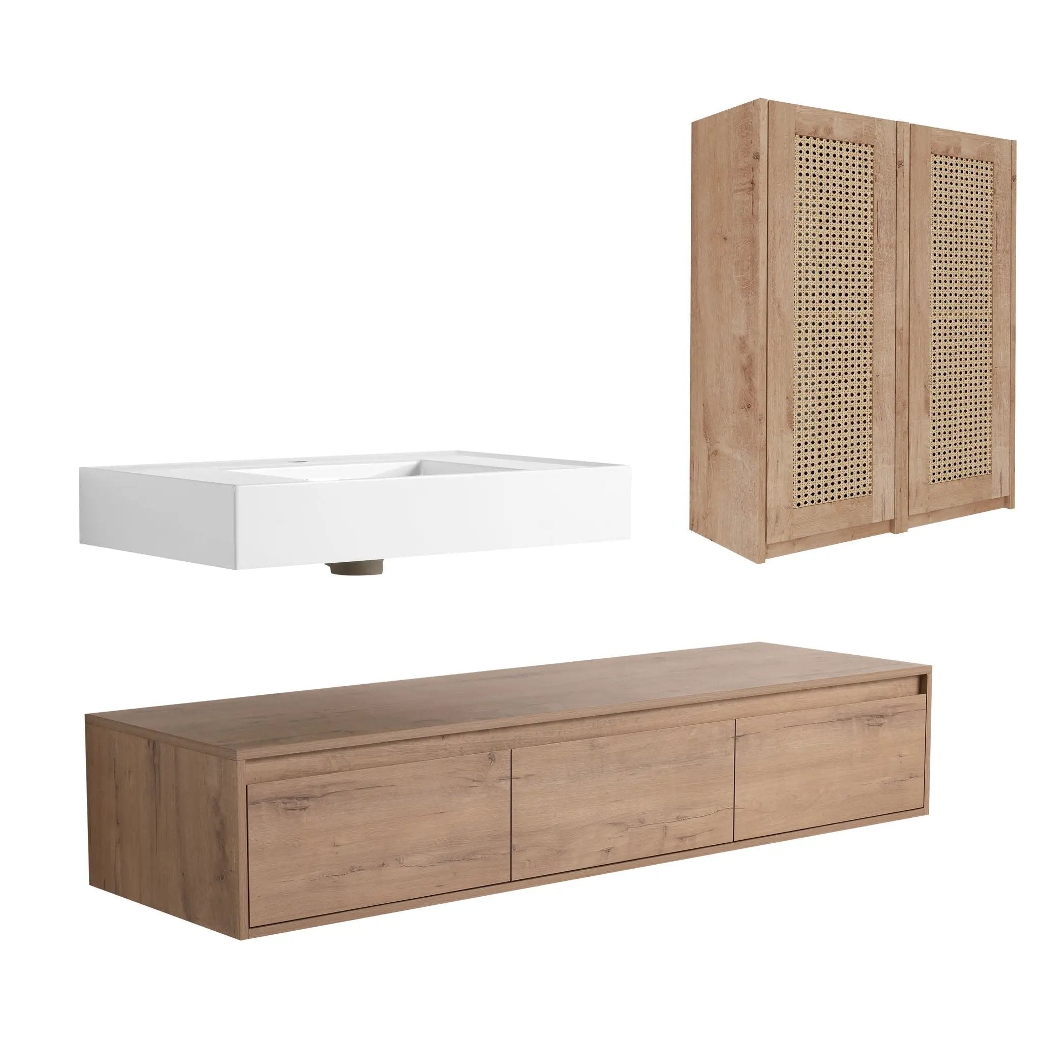 Modern Wall Mounted Bathroom Vanity With Resin Sink And 2 Side Cabinet, Imitative, Construction - Imitative Oak by HouseOfZazla