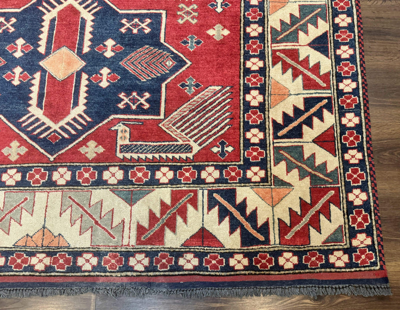 Turkish Kazak Rug 6x8, Caucasian Design, Geometric Medallions, Red Blue Beige by Jewel Rugs